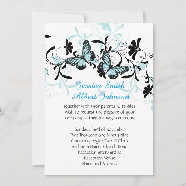 Convite de casamento de Borboleta Azul Floral Eleg (Frente)