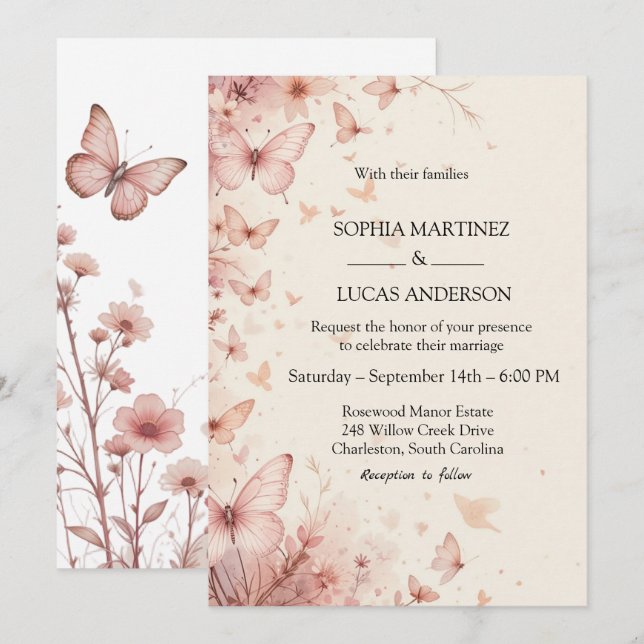Convite De Casamento De Borboleta Floral Elegante (Frente/Verso)