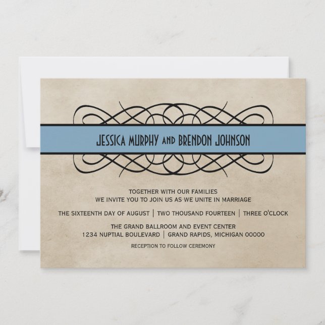 Convite de Casamento de Borda Azul Flourish (Frente)