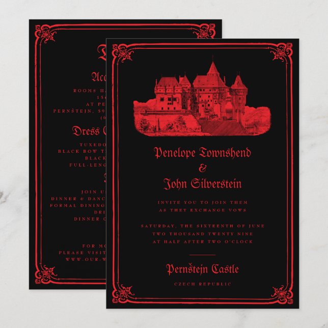 Convite de Casamento de Borda de Castelo Gótico Pr (Frente/Verso)