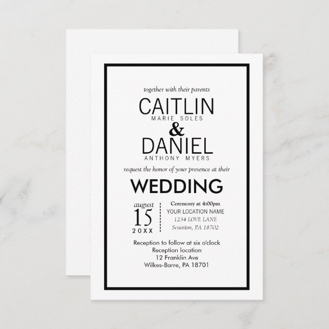 Convite de casamento de borda simples preto e pret (Frente/Verso)