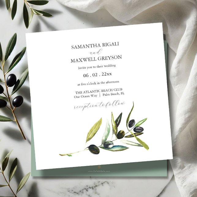Convite de casamento de Branqueamento de Cores Aqu (watercolor wedding invitations olive branch art by Victoria Grigaliunas Do Tell A Belle)