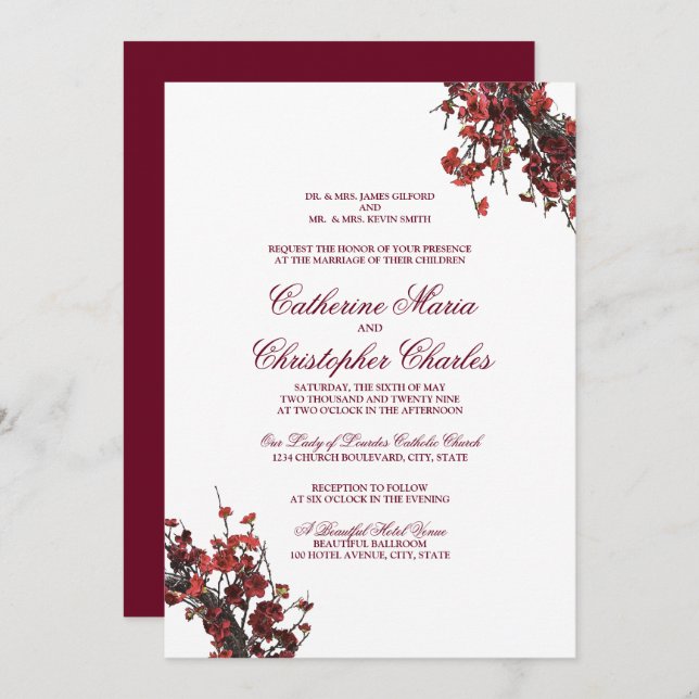 Convite De Casamento De Burgundy Red Floral Wreath (Frente/Verso)