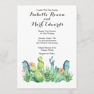 Convite De Casamento De Cactus Com Cor Verde Azul