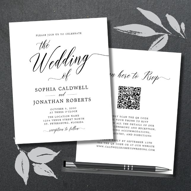 Convite de Casamento de Caligrafia RSVP de Código  (Budget Double Sided Wedding Invitation Elegant Calligraphy QR Code RSVP)