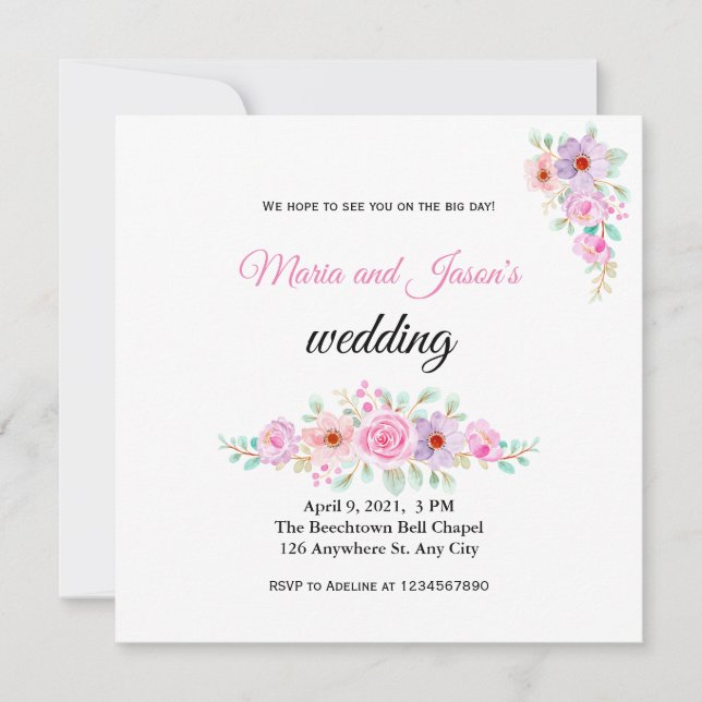 Convite De Casamento De Campo Floral Cor-De-Rosa-E (Frente)