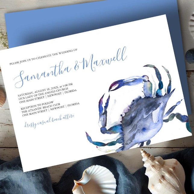 Convite De Casamento De Caranguejo Costeiro De Blu (beach wedding invitations watercolor crab art by Victoria Grigaliunas Do Tell A Belle)