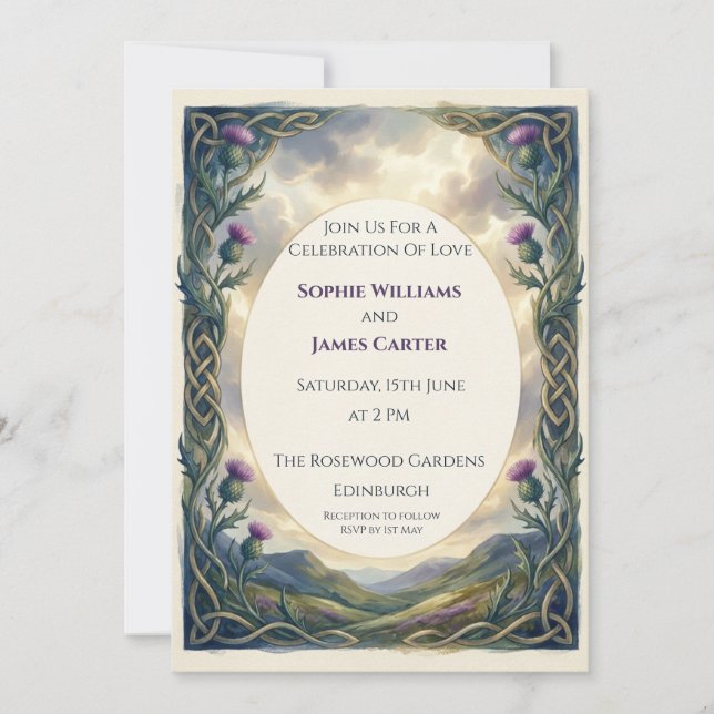 Convite de Casamento de Cardo Celta Roxo (Frente)