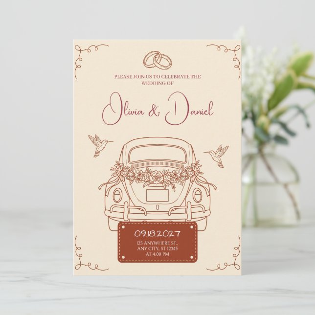 Convite de Casamento de Carro de Fuga Retro em Ter (Em pé/Frente)