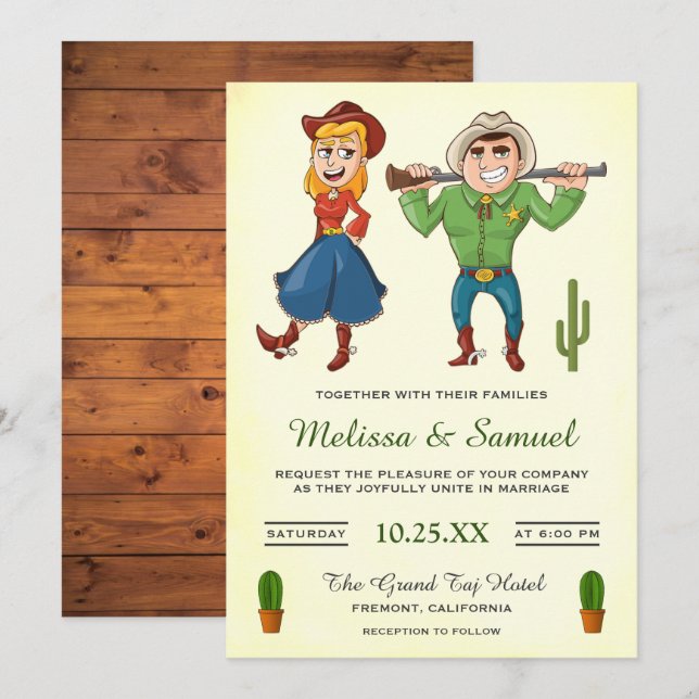 Convite de Casamento de Casal de Desenho Cowboy Co (Frente/Verso)