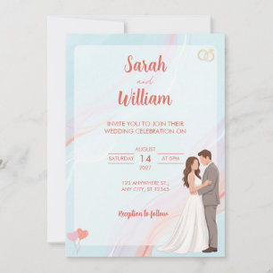 Convite de Casamento de Casal Ilustrado em Azul Pa