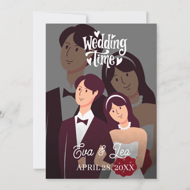 Convite de Casamento de Casal Ilustrado Moderno (Frente)