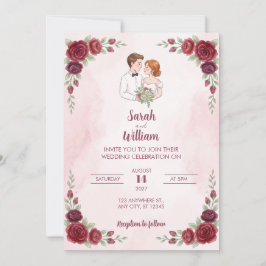 Convite de Casamento de Casal Ilustrado Rosa Verme
