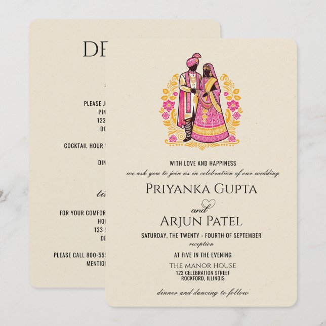 Convite de Casamento de Casal Indiano Colorido (Frente/Verso)