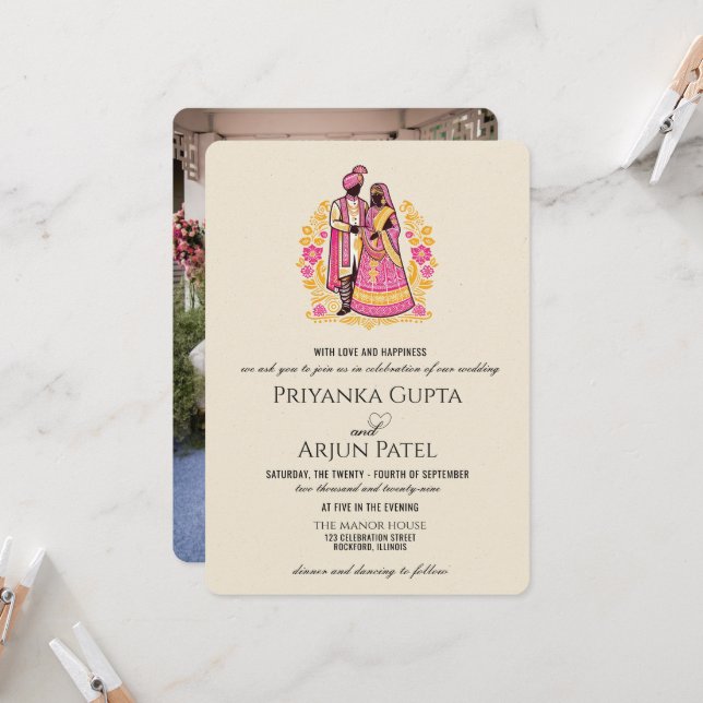 Convite de Casamento de Casal Indiano Colorido (Frente/Verso In Situ)