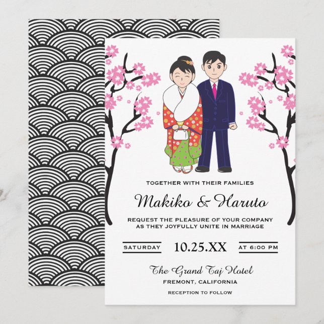 Convite de Casamento de Casal Japonês Romântico Fo (Frente/Verso)