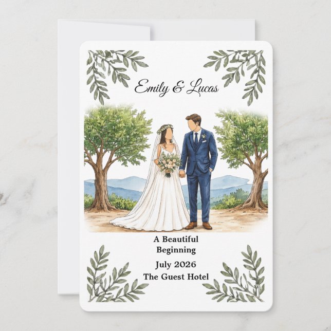 Convite de Casamento de Casal Sem Rosto em Aquarel (Frente)