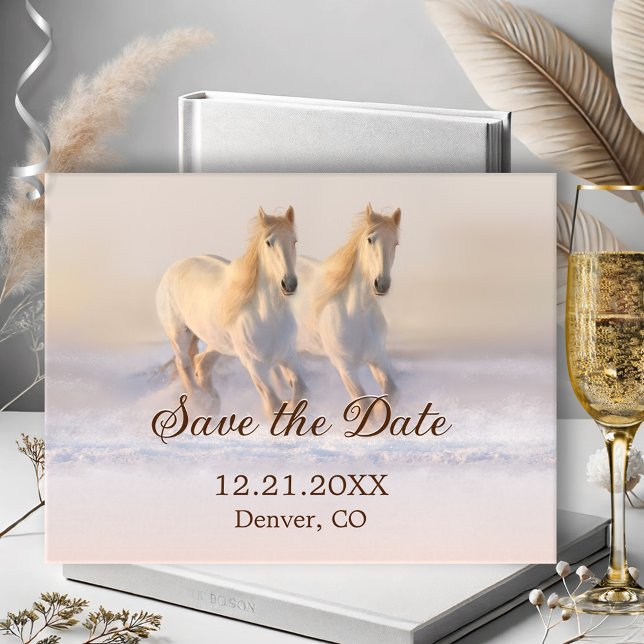 Convite de Casamento de Cavalos de Inverno para Sa (Winter Save the Date postcard featuring two horses running in the snow)