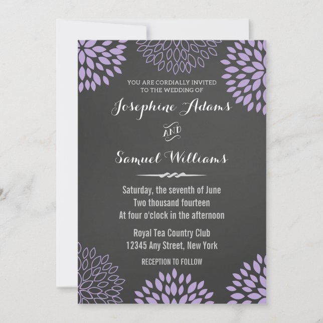 Convite De Casamento De Chalkboard Purple Floral (Frente)