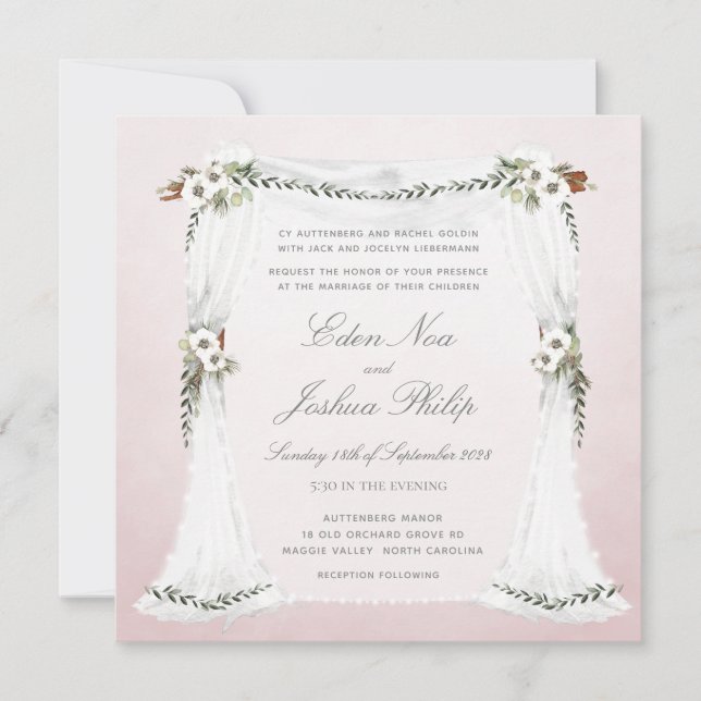 Convite De Casamento De Chuppah Branco Cor-De-Rosa (Frente)