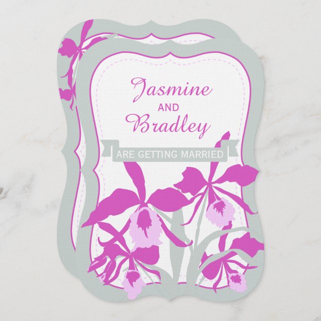 Convite de casamento de cinza verde-roxa de orquíd (Frente/Verso)