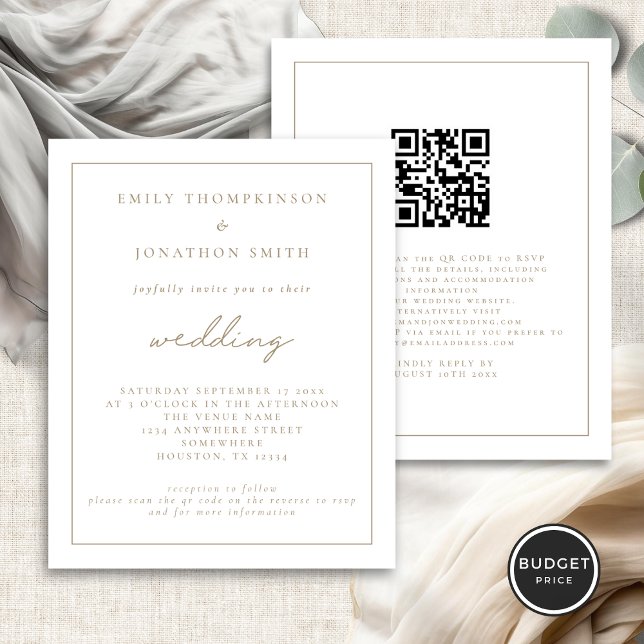 Convite de Casamento de Código QR de Script Dourad (Front and back view)
