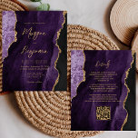 Convite de casamento de Código QR do Script Agato<br><div class="desc">Este elegante convite de casamento apresenta uma imagem de fundo da cor da água púrpura, cortada com uma falso brilho dourado. O texto personalizável combina manuscrito, protetor e fontes itálicas de cor dourada. O verso fornece espaço para detalhes do casamento em um fundo de agata roxo correspondente, juntamente com um...</div>
