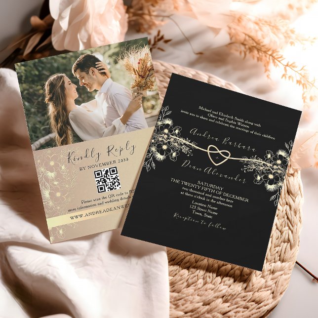 Convite de casamento de Código QR Floral Dourado P (Criador carregado)