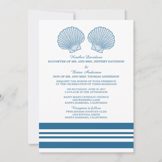 Convite de casamento de Conchas Marítimas Náuticas (Frente)