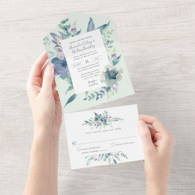 Convite De Casamento De Cor De Água Floral Azul (Tearaway)