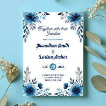 Convite De Casamento De Cor De Água Floral Azul De