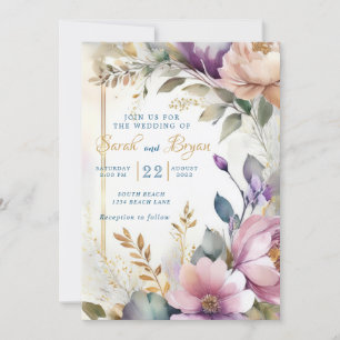 Convite De Casamento De Cor Floral Púrpura Rosa De