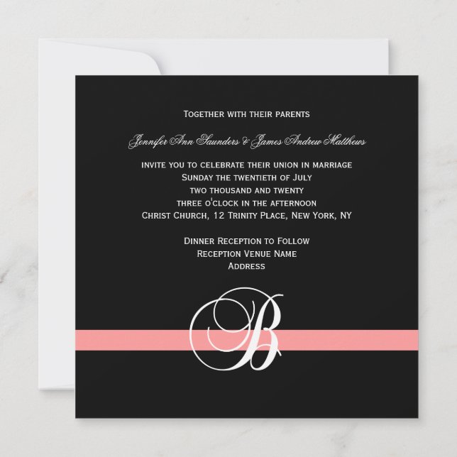 Convite De Casamento De Coral Black White Monogram (Verso)