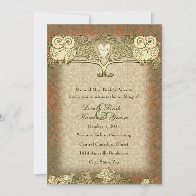 Convite De Casamento De Coruja Dourada Vermelha A  (Frente)