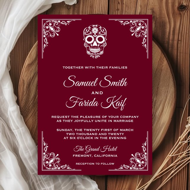 Convite de Casamento de Crânio de Açúcar Burgundy  (Criador carregado)