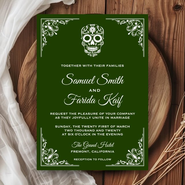 Convite de Casamento de Crânio de Açúcar Verde e B (Criador carregado)