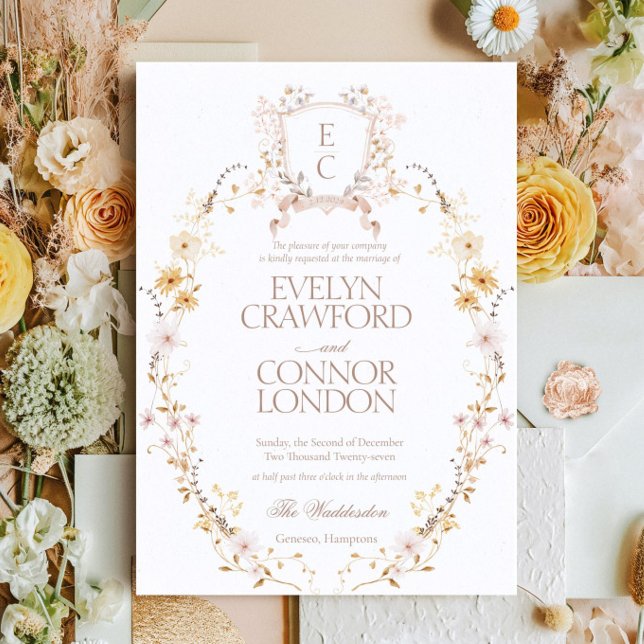 Convite De Casamento De Crest Floral Elegante Boho (Criador carregado)