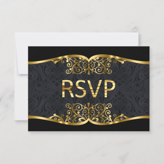 Convite de casamento de damasco preto ouro RSVP (Frente)