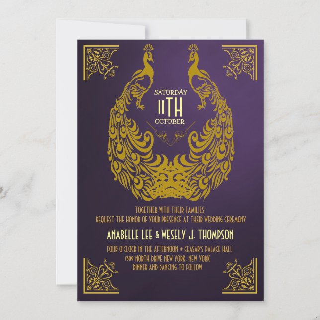 Convite De Casamento De Deco De Arte De Peacock 19 (Frente)