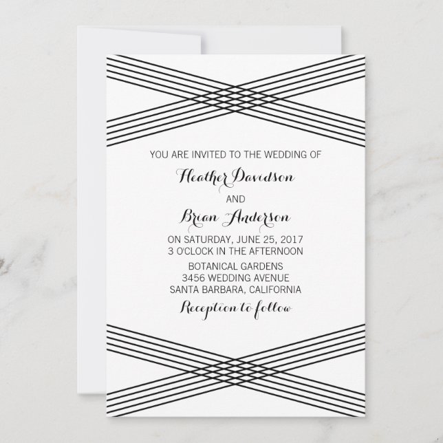Convite de casamento de Deco Moderno Branco Preto (Frente)