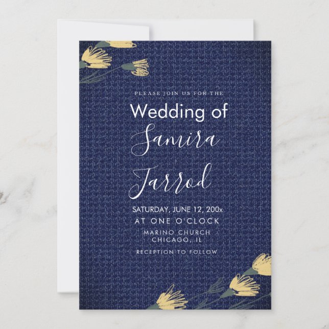 Convite de Casamento de Denim Casual e Flores Silv (Frente)