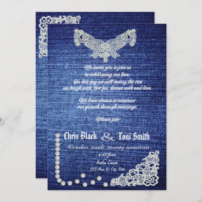 Convite de casamento de Denim, Pérolas e Locais Co (Frente/Verso)