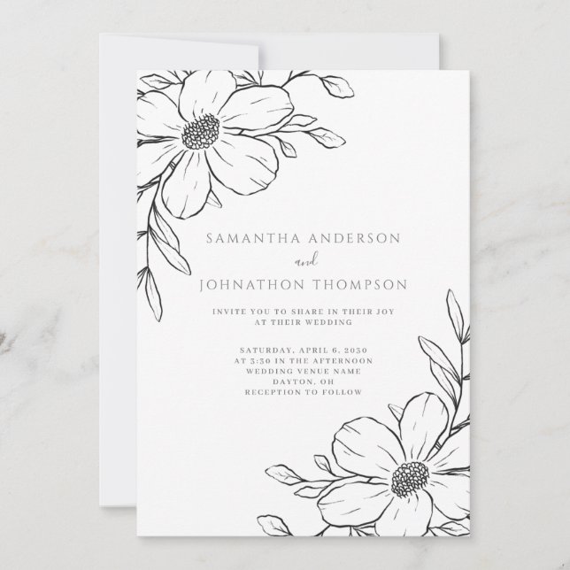 Convite de Casamento de Desenho de Linha Floral Ne (Frente)