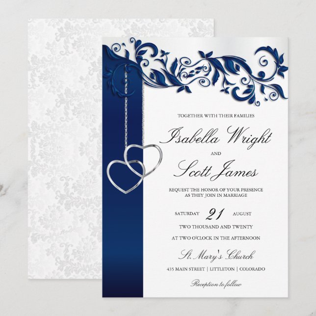 Convite De Casamento De Design Azul marinho Azul (Frente/Verso)
