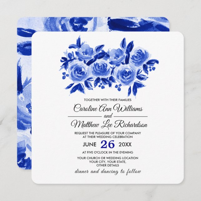 Convite De Casamento De Design Floral De Cor Azul (Frente/Verso)