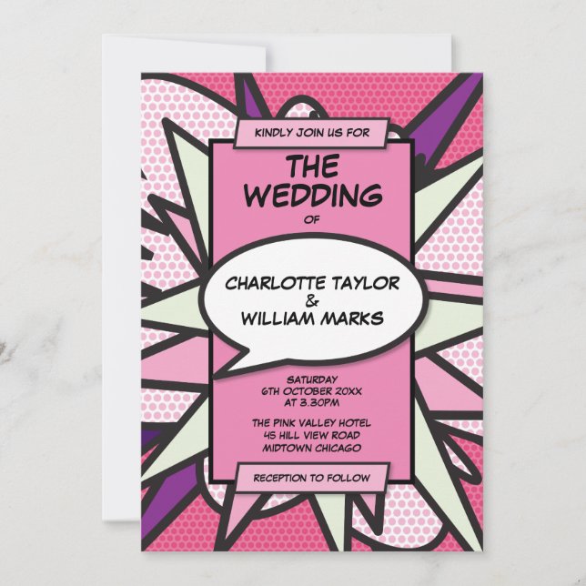 Convite de casamento de designer de quadrinhos mod (Frente)