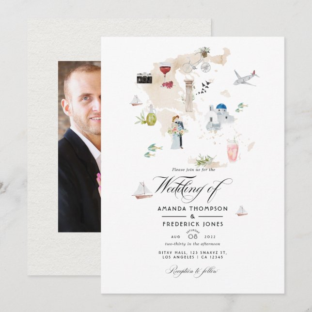 Convite de Casamento de Destino Mapa de Aquarela d (Frente/Verso)