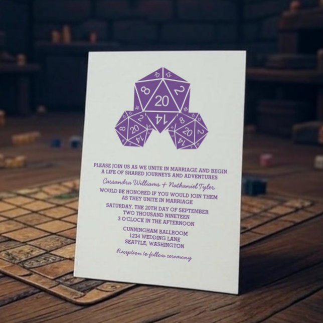 Convite de casamento de Dice D20 Roxo (Purple D20 Dice Wedding Invite)