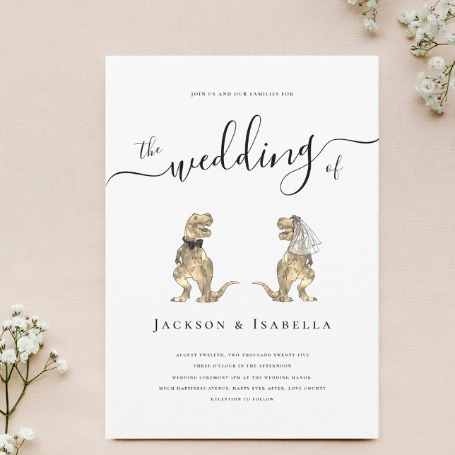 Convite de Casamento de Dinossauro Noiva e Noivo T (Fun Dinosaur theme wedding invitation T-Rex bride and groom elegant modern script minimalist design)