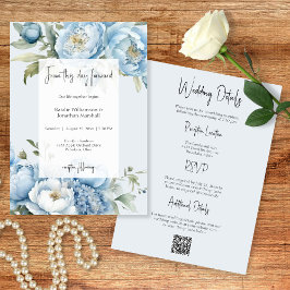 Convite de Casamento de dois lados com Floral Azul